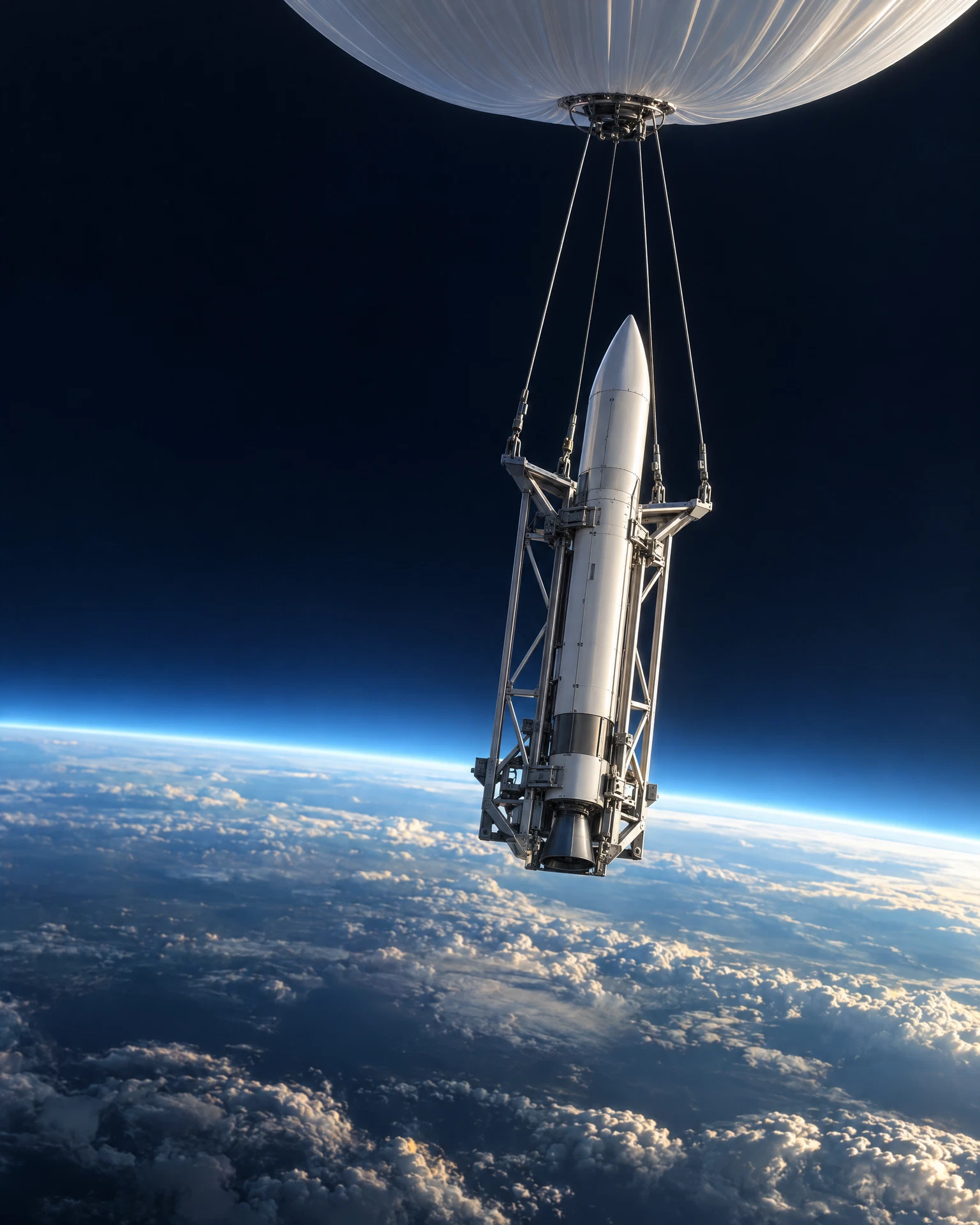 Concept artwork showing a suspended rocket and support cradle beneath a high-altitude balloon