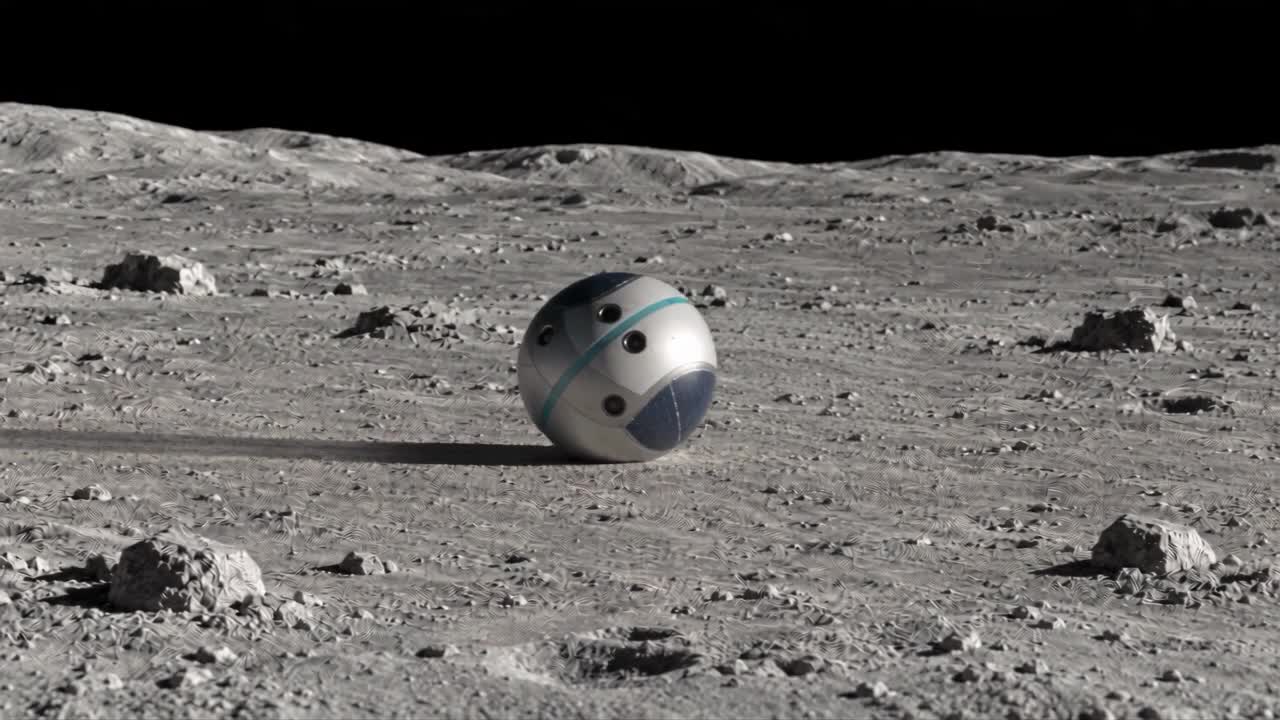 Concept visualization of the Oberth spherical lander, a self-propelled spherical rover/lunar lander rolling laterally across lunar terrain in continuous ground contact, leaving a smooth shallow regolith trail, with flush solar patches, a cyan stripe, and sensors