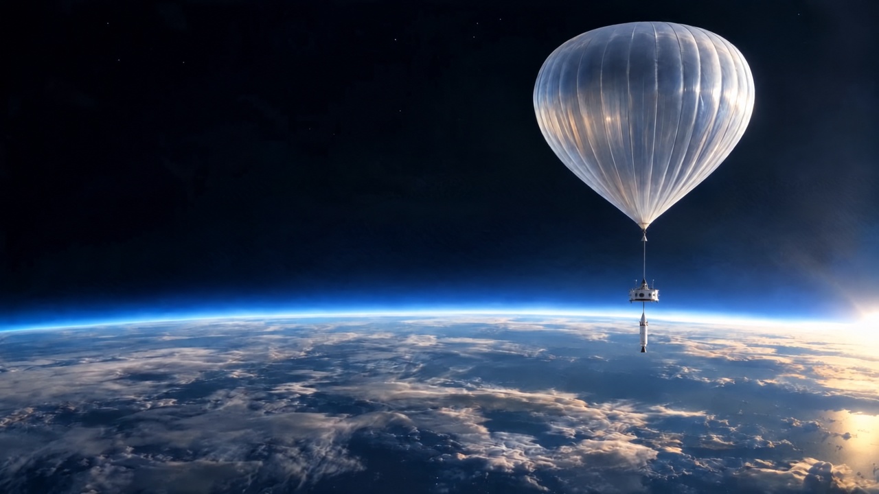 Concept visualization of a stratospheric balloon carrying an upright nose-up rocket with its engine at the bottom above the curved blue Earth